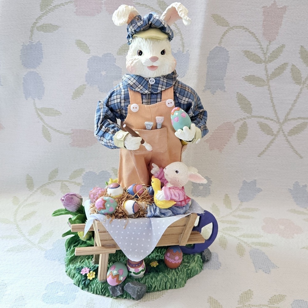 Vintage‎ Easter Bunny Boy Figurine Fabric Mache 12" Eggs Spring Decor